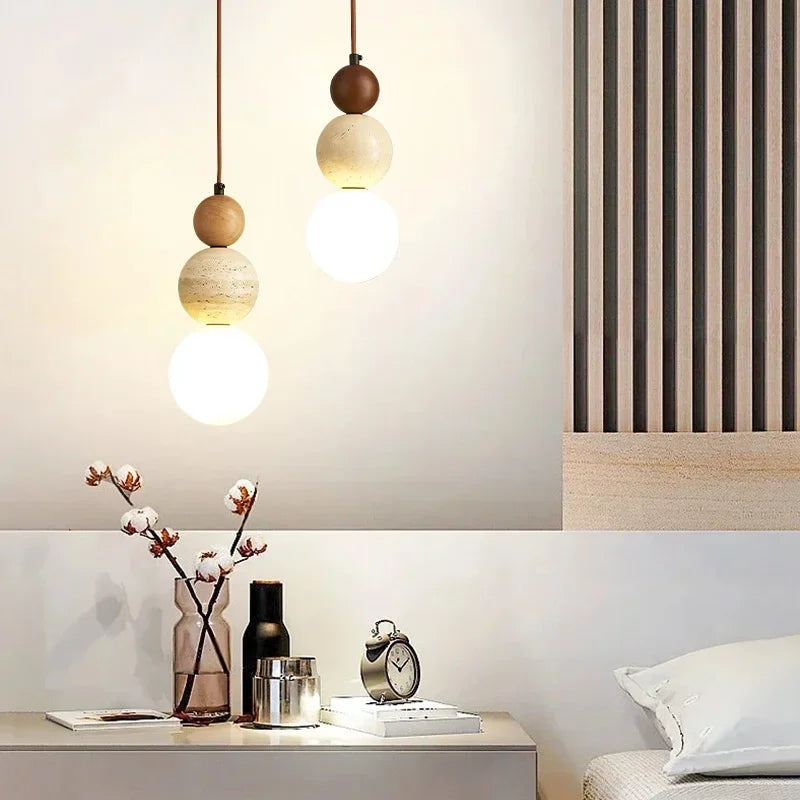 Aurora Pendant Lamp Cream Style Stone Wood LED Chandelier Exclusive