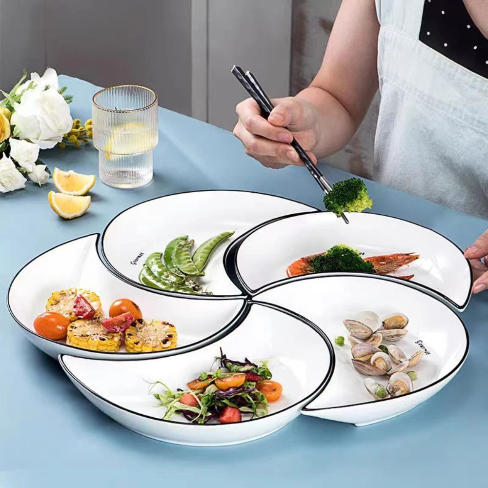 5 Piece Reunion Ceramic Dinnerware Set Moon Shaped Hot Pot Plate Flexible Combination of Plates According to Food Consumption