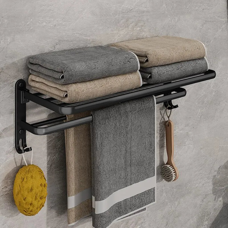 Matte Black Folding Towel Rail – Wall Mounted Aluminium Bathroom Towel Rack with Hooks