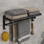 Matte Black Folding Towel Rail – Wall Mounted Aluminium Bathroom Towel Rack with Hooks