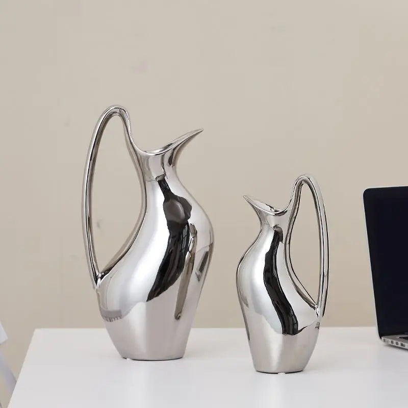 Silver Minimalist Pot Ceramic Vase | Metallic Luxury Home Décor