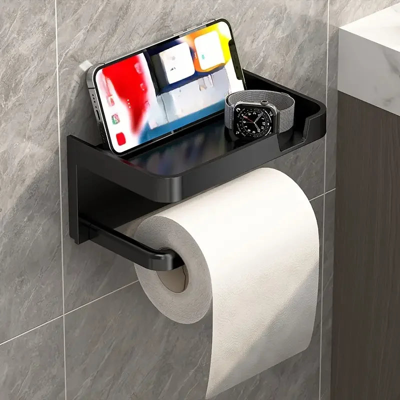Premium No-Drill Toilet Paper Holder – Modern Bathroom Shelf with Phone Holder
