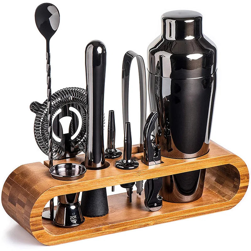 Premium Cocktail Shaker Set – 10-Piece Bar Shaker Set with Elegant Bamboo Stand