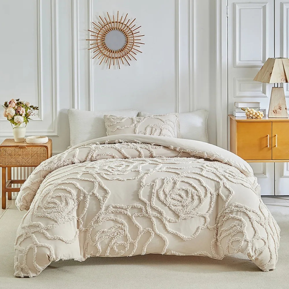 3D Rose Floral Tufted Duvet Cover Set – Luxury Microfibre Quilted Bedding Collection