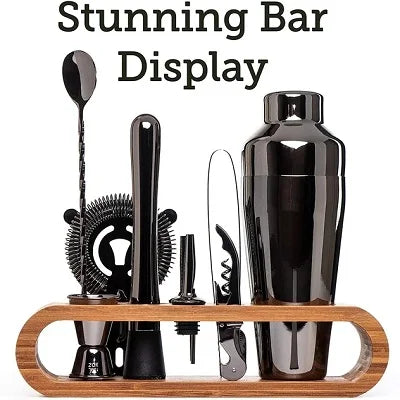 Premium Cocktail Shaker Set – 10-Piece Bar Shaker Set with Elegant Bamboo Stand