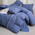 2025 new solid color embroidered ribbon double-spell skin-friendly washed cotton 4-piece set bed sheet and fitted sheet style