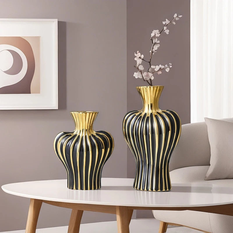 Electroplated Ceramic Vase | Black & Gold Minimalist Vessel for Luxury Interiors