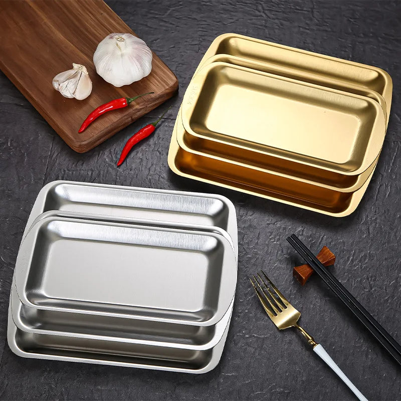 304 Stainless Steel Plate Rectangular Plate Golden Tray Craft Decoration Barbecue Plate Western Food Snack Plate Flat Plate