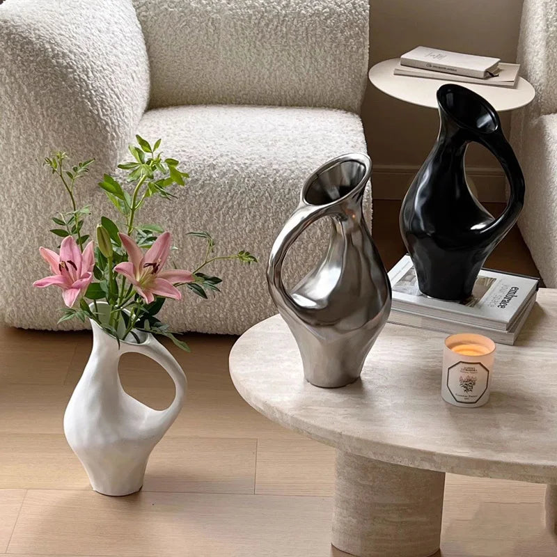 Tri-Tone Art Ceramic Statement Vase | Black, Silver & White Luxury Décor