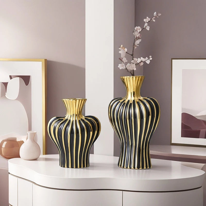 Electroplated Ceramic Vase | Black & Gold Minimalist Vessel for Luxury Interiors