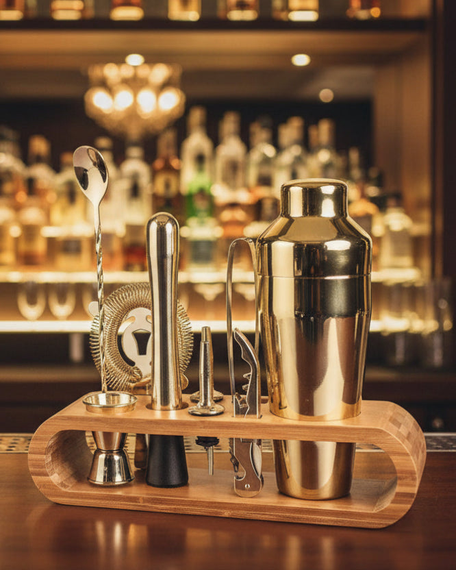 Premium Cocktail Shaker Set – 10-Piece Bar Shaker Set with Elegant Bamboo Stand
