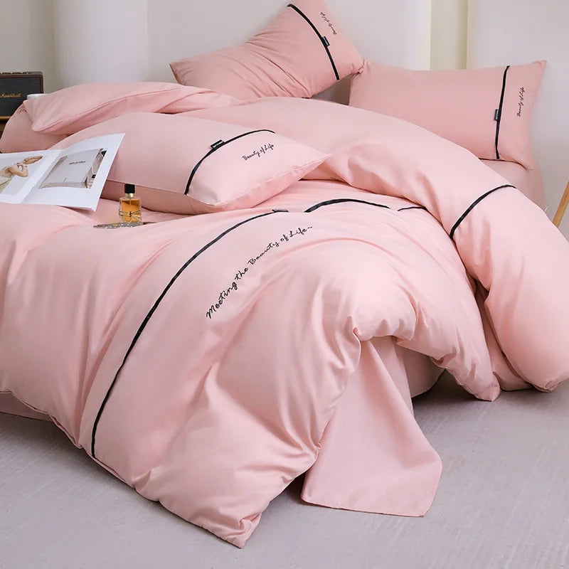 2025 new solid color embroidered ribbon double-spell skin-friendly washed cotton 4-piece set bed sheet and fitted sheet style