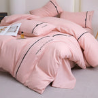 2025 new solid color embroidered ribbon double-spell skin-friendly washed cotton 4-piece set bed sheet and fitted sheet style