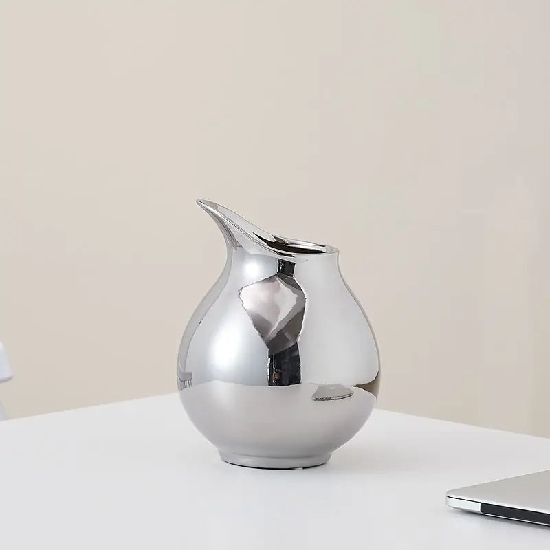 Silver Minimalist Pot Ceramic Vase | Metallic Luxury Home Décor