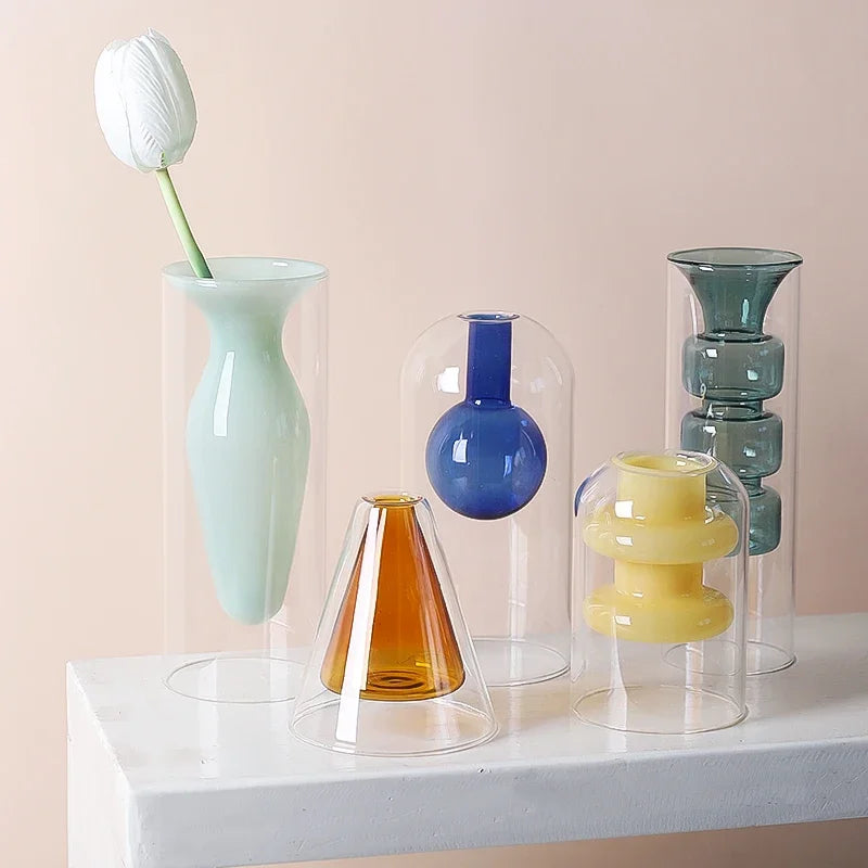 Double Wall Borosilicate Glass Vase | Sculptural Cylinder Vessel for Luxury Interiors