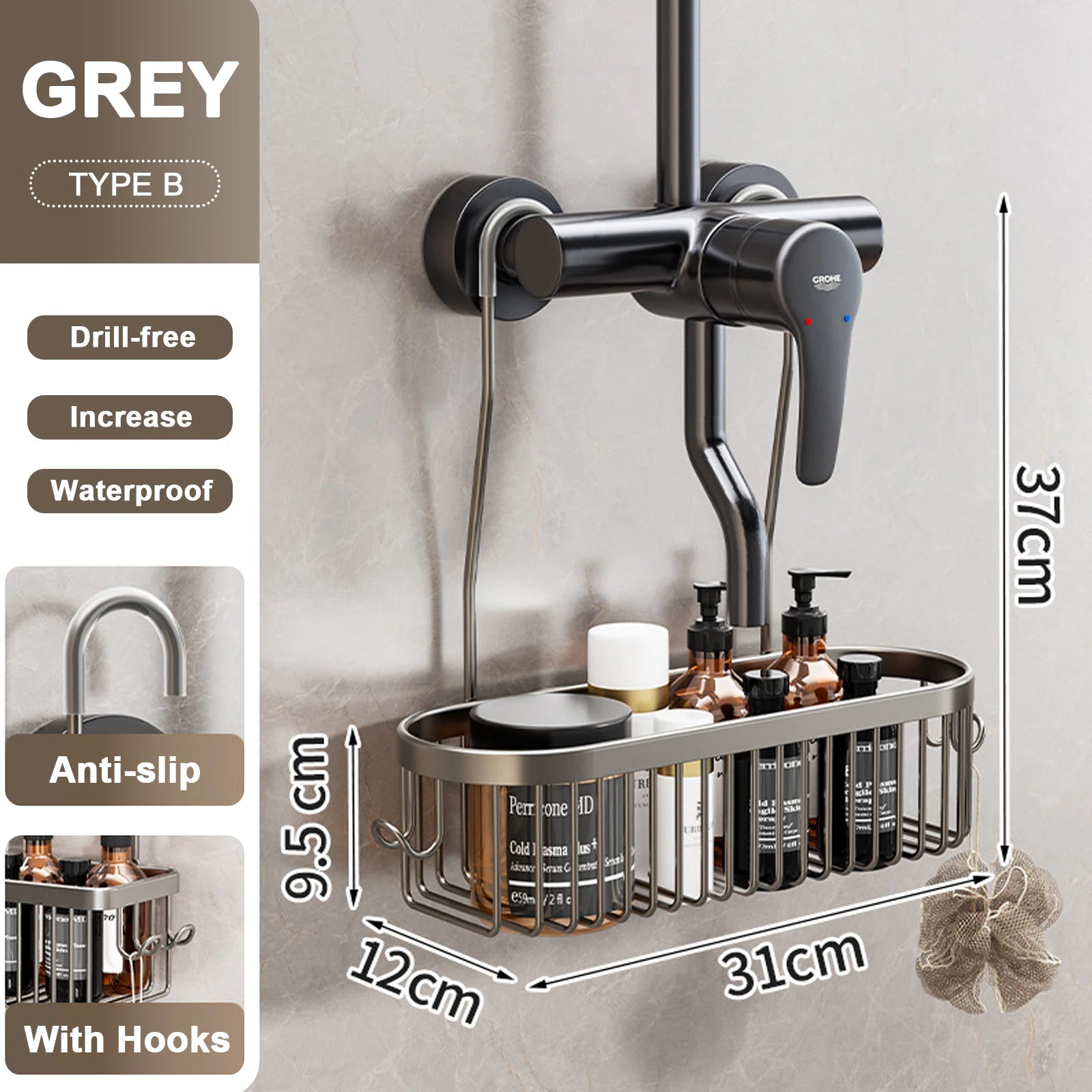 Aluminium Toilet And Shower Rack Elite No Drill Bathroom Basket