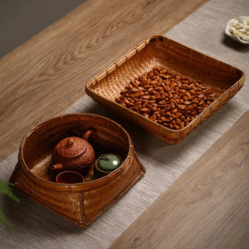 Creative Handwoven Bamboo Fruit Tray Japanese Style Storage Basket Rattan Snack Dish Dry Fruit Organizer Box for Home Decor
